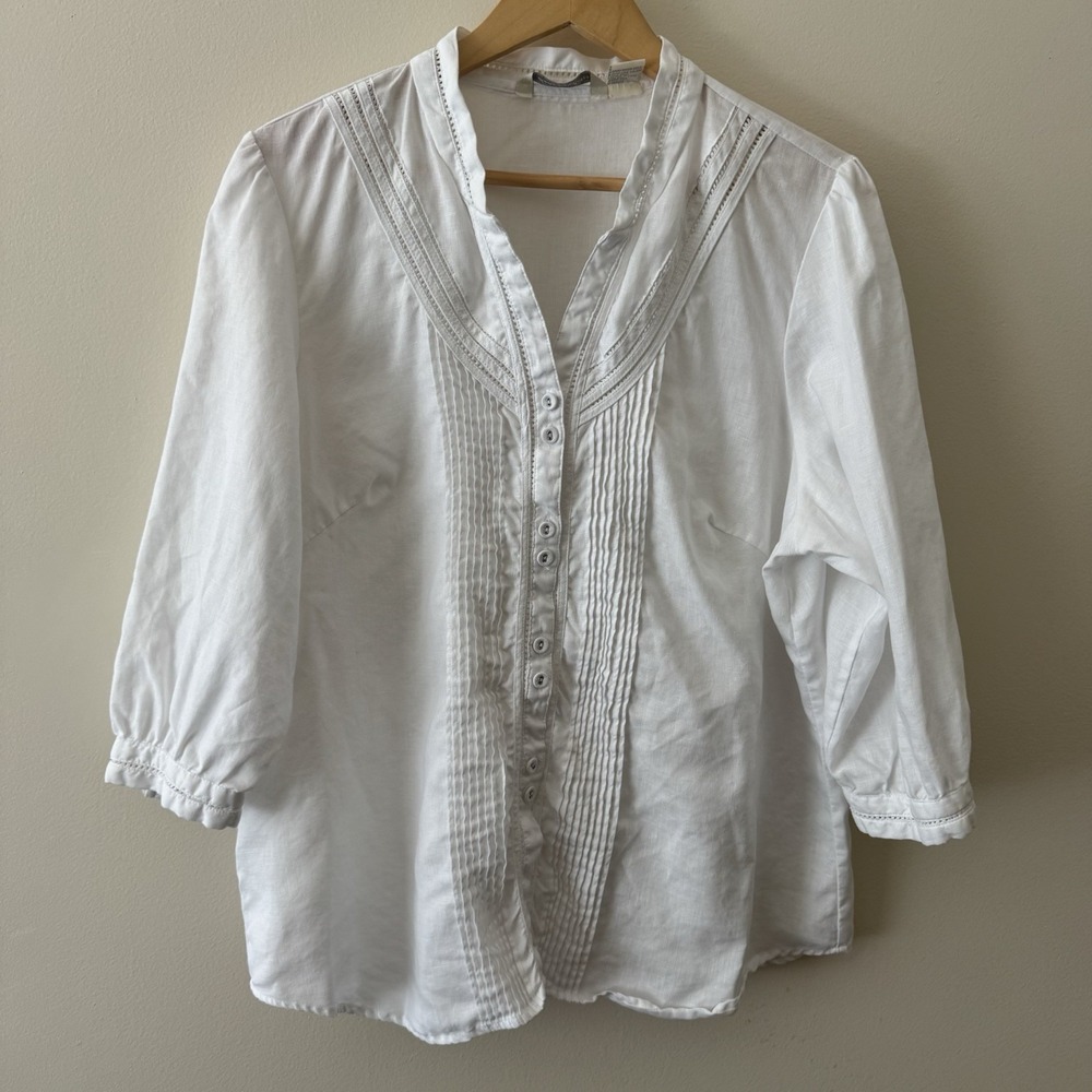Deane and White Pintuck Peasant Blouse 100% Linen Shirt Women 1XL White Buttonup